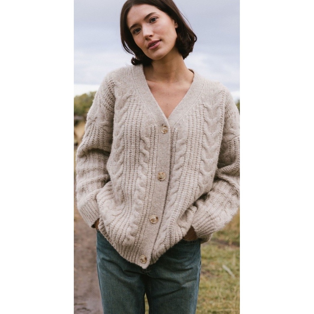 $375 Cozy Earth Women Oversized Cable Knit Cardigan Oxford Size S M Yak Alpaca